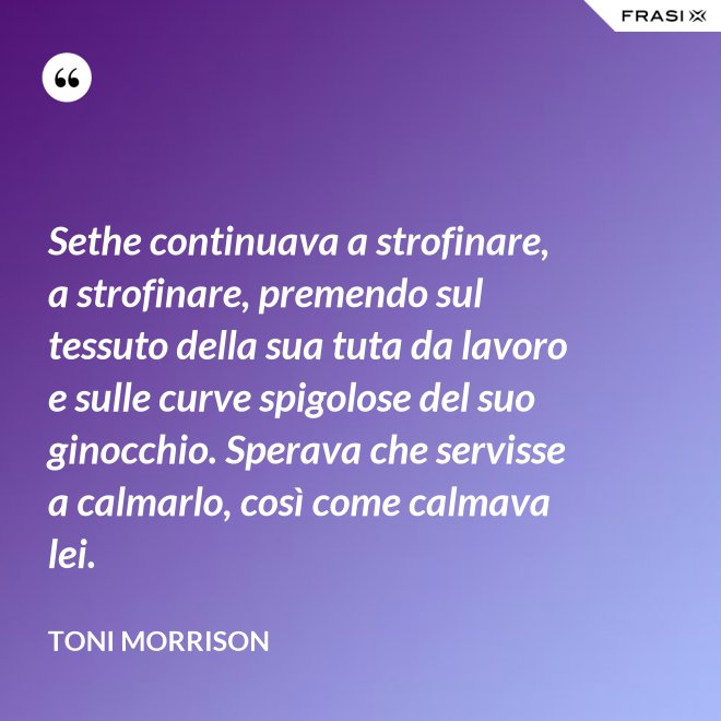 Sethe continuava a strofinare, a strofinare, premendo sul tessuto della sua tuta da lavoro e sulle curve spigolose del suo ginocchio. Sperava che servisse a calmarlo, così come calmava lei. - Toni Morrison