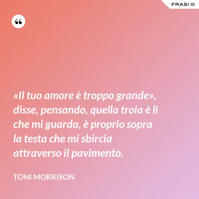«Il tuo amore è troppo grande», disse, pensando, quella troia è lì che mi guarda, è proprio sopra la testa che mi sbircia attraverso il pavimento. - Toni Morrison