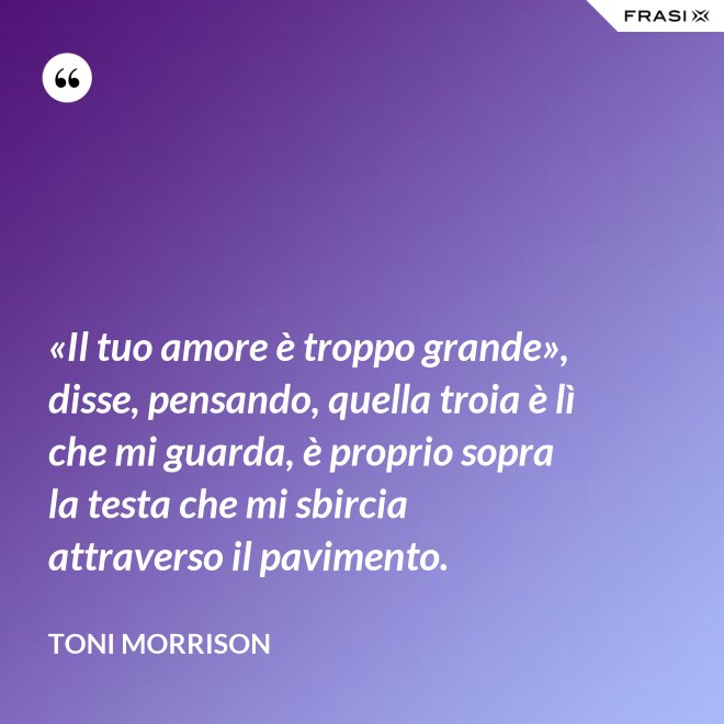 «Il tuo amore è troppo grande», disse, pensando, quella troia è lì che mi guarda, è proprio sopra la testa che mi sbircia attraverso il pavimento. - Toni Morrison