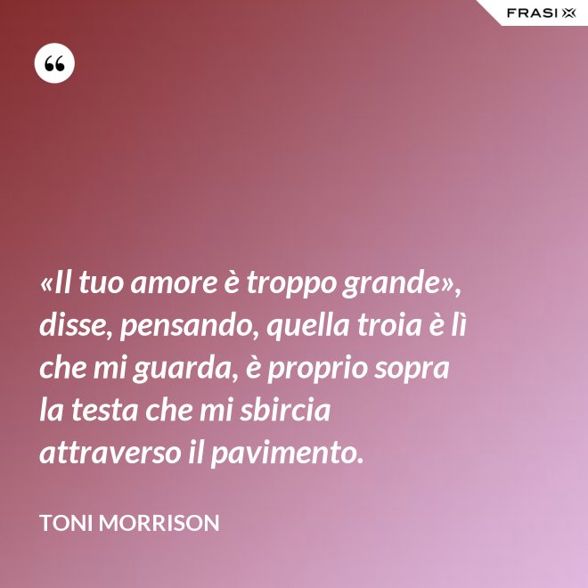 «Il tuo amore è troppo grande», disse, pensando, quella troia è lì che mi guarda, è proprio sopra la testa che mi sbircia attraverso il pavimento. - Toni Morrison