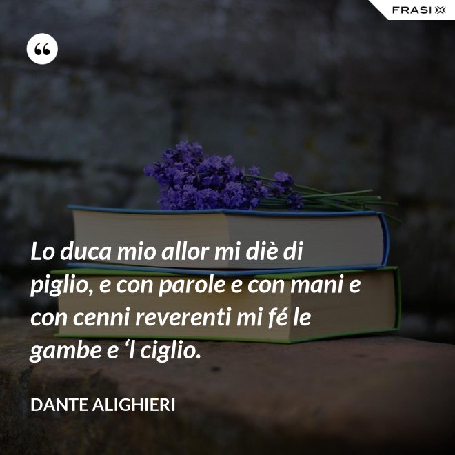 Lo duca mio allor mi diè di piglio, e con parole e con mani e con cenni reverenti mi fé le gambe e ‘l ciglio. - Dante Alighieri