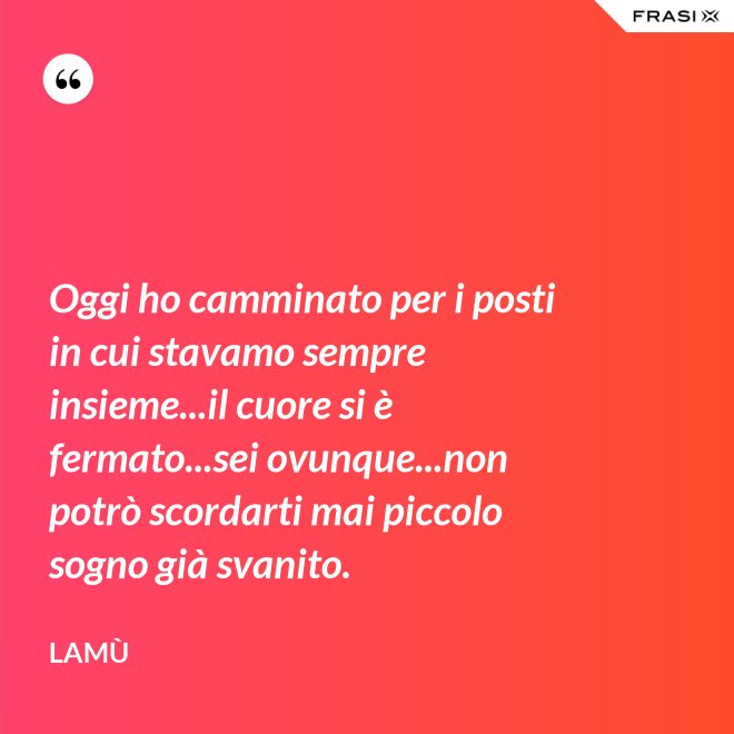 Oggi ho camminato per i posti in cui stavamo sempre insieme...il cuore si è fermato...sei ovunque...non potrò scordarti mai piccolo sogno già svanito. - Lamù