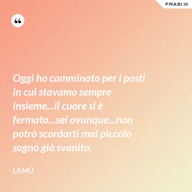 Oggi ho camminato per i posti in cui stavamo sempre insieme...il cuore si è fermato...sei ovunque...non potrò scordarti mai piccolo sogno già svanito. - Lamù