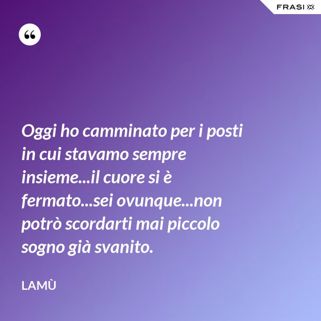 Oggi ho camminato per i posti in cui stavamo sempre insieme...il cuore si è fermato...sei ovunque...non potrò scordarti mai piccolo sogno già svanito. - Lamù