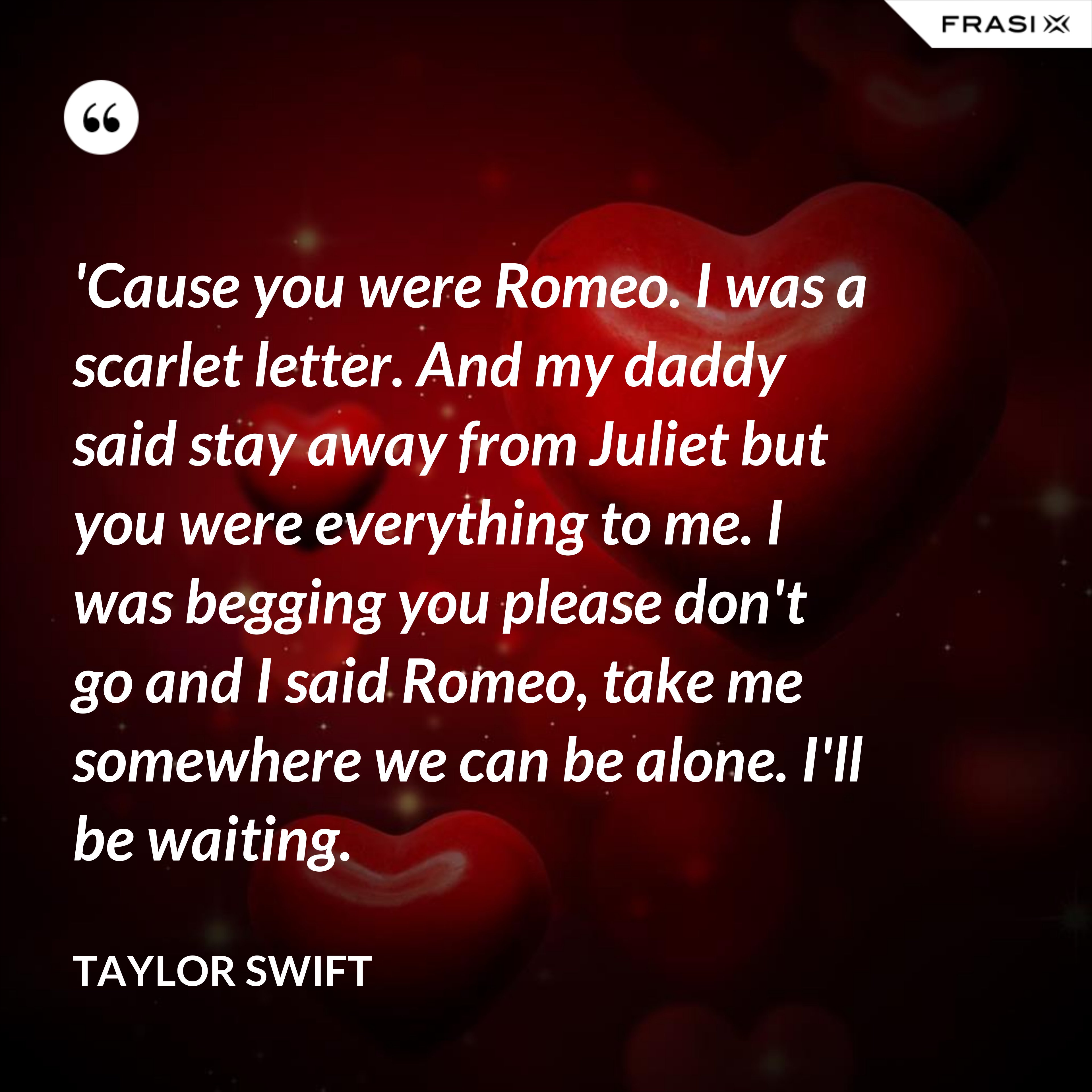 'Cause you were Romeo. I was a scarlet letter. And my daddy said stay away from Juliet but you were everything to me. I was begging you please don't go and I said Romeo, take me somewhere we can be alone. I'll be waiting. - Taylor Swift