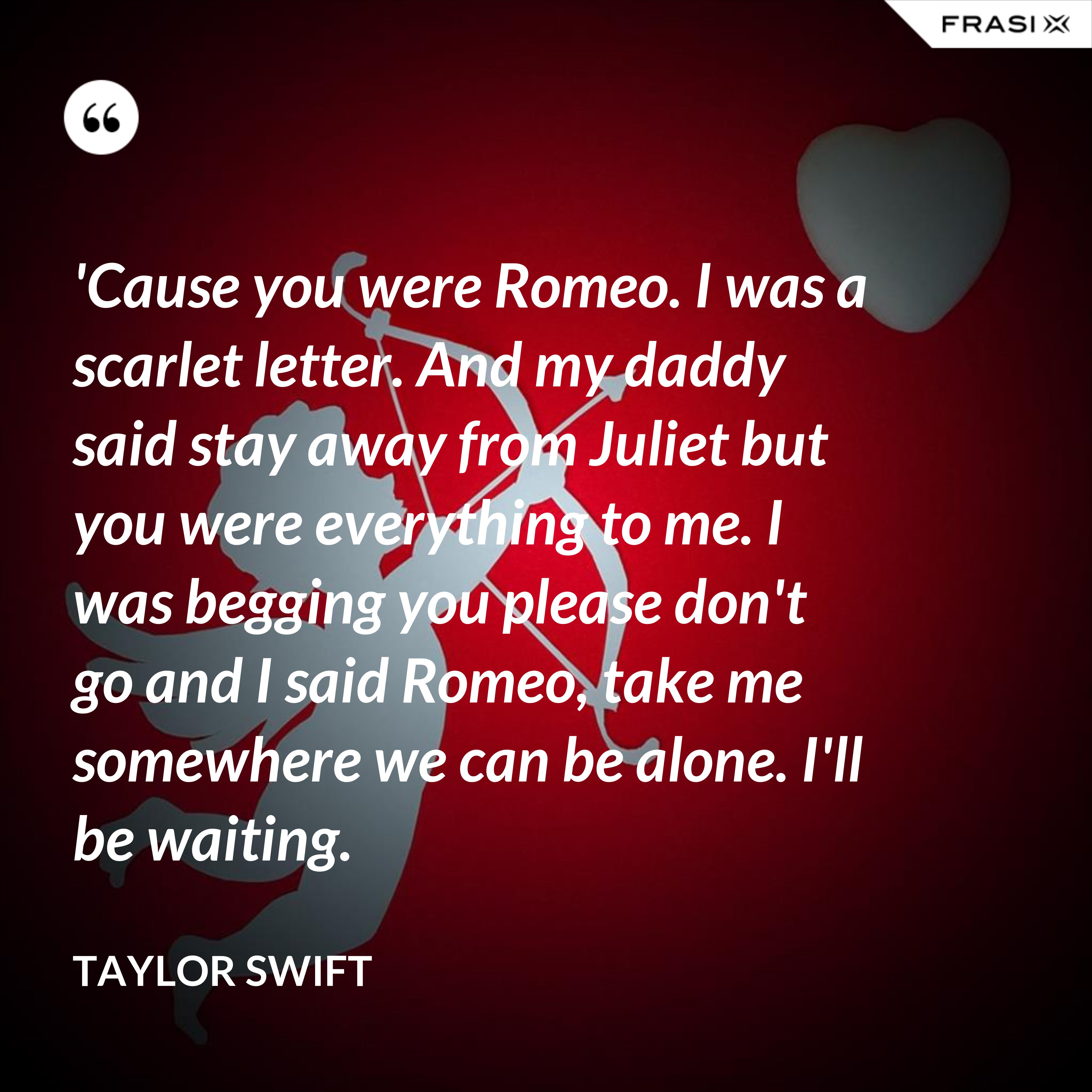 'Cause you were Romeo. I was a scarlet letter. And my daddy said stay away from Juliet but you were everything to me. I was begging you please don't go and I said Romeo, take me somewhere we can be alone. I'll be waiting. - Taylor Swift