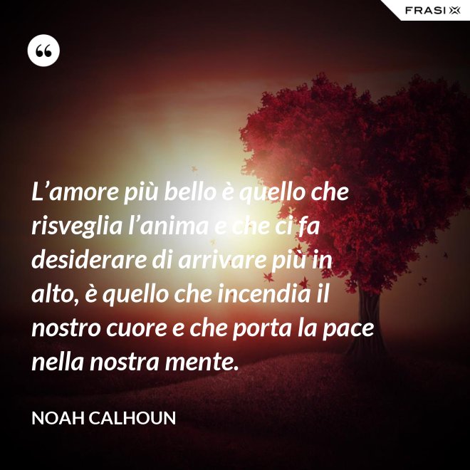 L’amore più bello è quello che risveglia l’anima e che ci fa desiderare di arrivare più in alto, è quello che incendia il nostro cuore e che porta la pace nella nostra mente. - Noah Calhoun