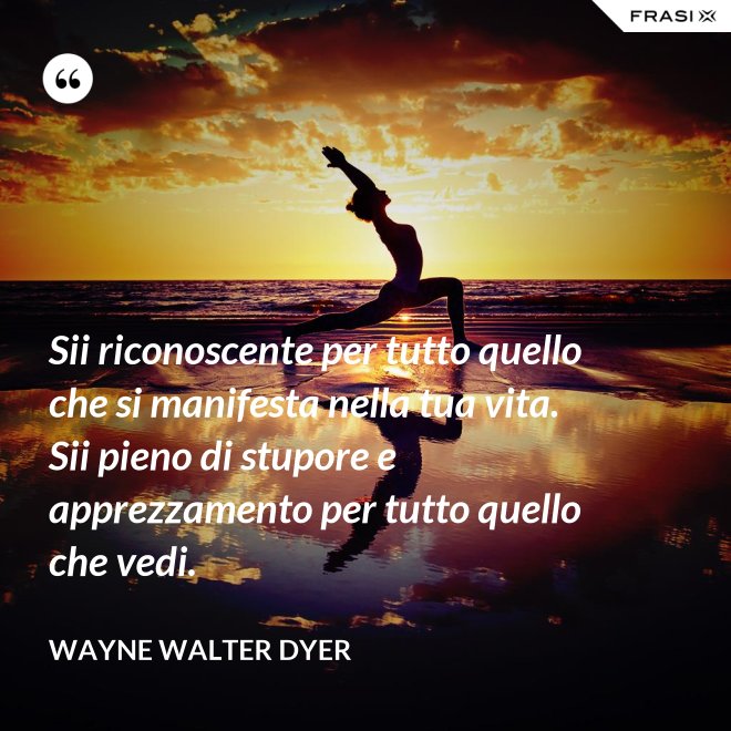 Sii riconoscente per tutto quello che si manifesta nella tua vita. Sii pieno di stupore e apprezzamento per tutto quello che vedi. - Wayne Walter Dyer