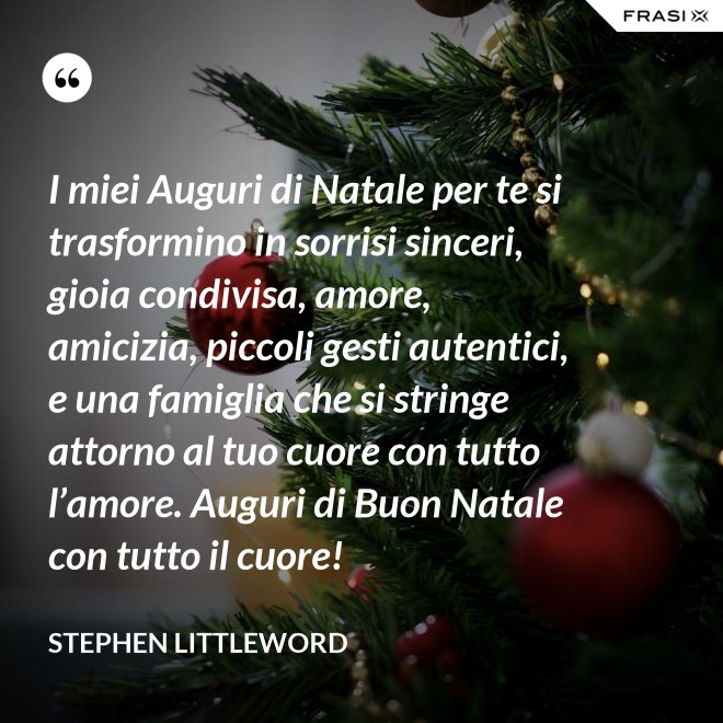 I miei Auguri di Natale per te si trasformino in sorrisi sinceri, gioia condivisa, amore, amicizia, piccoli gesti autentici, e una famiglia che si stringe attorno al tuo cuore con tutto l’amore. Auguri di Buon Natale con tutto il cuore! - Stephen Littleword