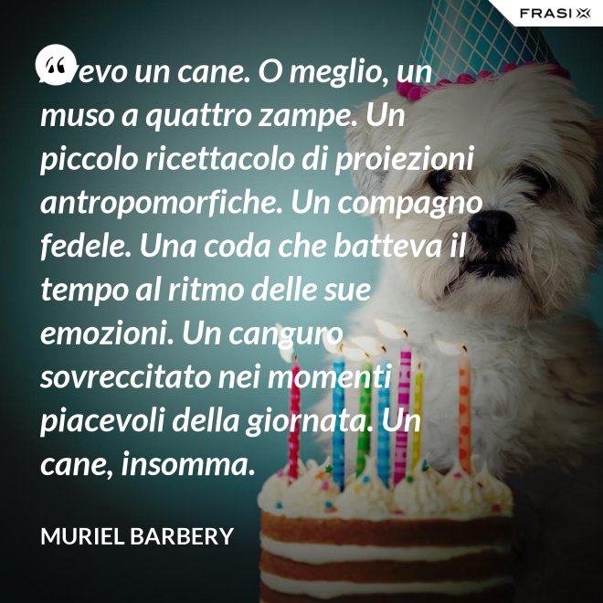 Avevo un cane. O meglio, un muso a quattro zampe. Un piccolo ricettacolo di proiezioni antropomorfiche. Un compagno fedele. Una coda che batteva il tempo al ritmo delle sue emozioni. Un canguro sovreccitato nei momenti piacevoli della giornata. Un cane, insomma. - Muriel Barbery