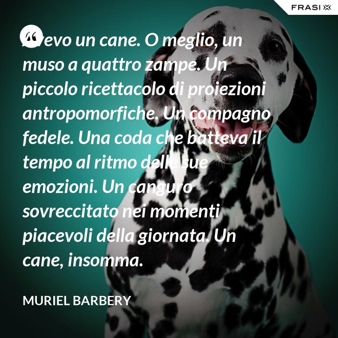 Avevo un cane. O meglio, un muso a quattro zampe. Un piccolo ricettacolo di proiezioni antropomorfiche. Un compagno fedele. Una coda che batteva il tempo al ritmo delle sue emozioni. Un canguro sovreccitato nei momenti piacevoli della giornata. Un cane, insomma. - Muriel Barbery