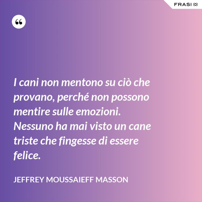 I cani non mentono su ciò che provano, perché non possono mentire sulle emozioni. Nessuno ha mai visto un cane triste che fingesse di essere felice. - Jeffrey Moussaieff Masson