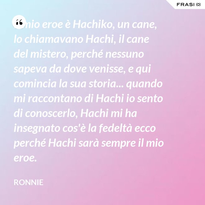 Il mio eroe è Hachiko, un cane, lo chiamavano Hachi, il cane del mistero, perché nessuno sapeva da dove venisse, e qui comincia la sua storia... quando mi raccontano di Hachi io sento di conoscerlo, Hachi mi ha insegnato cos'è la fedeltà ecco perché Hachi sarà sempre il mio eroe. - Ronnie