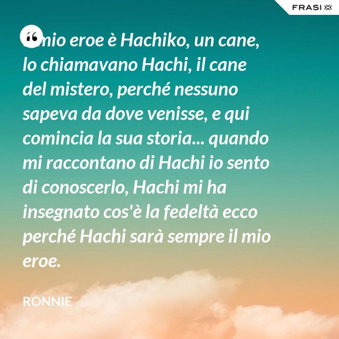 Il mio eroe è Hachiko, un cane, lo chiamavano Hachi, il cane del mistero, perché nessuno sapeva da dove venisse, e qui comincia la sua storia... quando mi raccontano di Hachi io sento di conoscerlo, Hachi mi ha insegnato cos'è la fedeltà ecco perché Hachi sarà sempre il mio eroe. - Ronnie