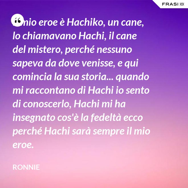 Il mio eroe è Hachiko, un cane, lo chiamavano Hachi, il cane del mistero, perché nessuno sapeva da dove venisse, e qui comincia la sua storia... quando mi raccontano di Hachi io sento di conoscerlo, Hachi mi ha insegnato cos'è la fedeltà ecco perché Hachi sarà sempre il mio eroe. - Ronnie