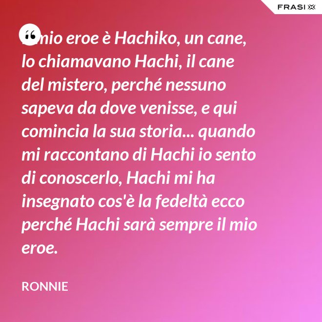 Il mio eroe è Hachiko, un cane, lo chiamavano Hachi, il cane del mistero, perché nessuno sapeva da dove venisse, e qui comincia la sua storia... quando mi raccontano di Hachi io sento di conoscerlo, Hachi mi ha insegnato cos'è la fedeltà ecco perché Hachi sarà sempre il mio eroe. - Ronnie