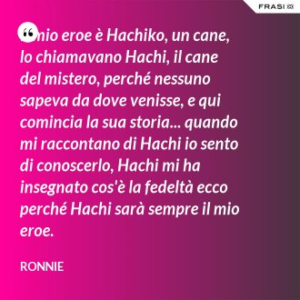 Il mio eroe è Hachiko, un cane, lo chiamavano Hachi, il cane del mistero, perché nessuno sapeva da dove venisse, e qui comincia la sua storia... quando mi raccontano di Hachi io sento di conoscerlo, Hachi mi ha insegnato cos'è la fedeltà ecco perché Hachi sarà sempre il mio eroe. - Ronnie