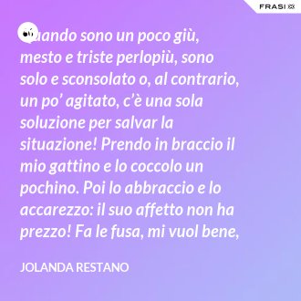Quando sono un poco giù, mesto e triste perlopiù, sono solo e sconsolato o, al contrario, un po’ agitato, c’è una sola soluzione per salvar la situazione! Prendo in braccio il mio gattino e lo coccolo un pochino. Poi lo abbraccio e lo accarezzo: il suo affetto non ha prezzo! Fa le fusa, mi vuol bene, così allevia le mie pene. - Jolanda Restano