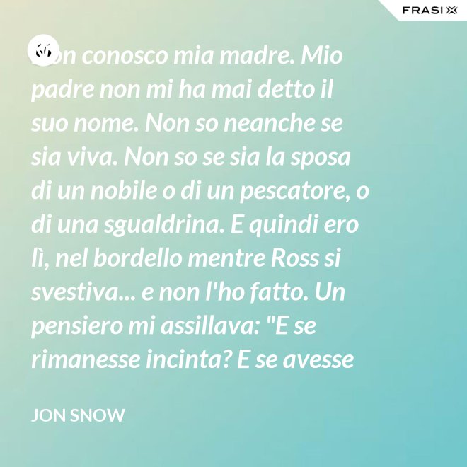 Non conosco mia madre. Mio padre non mi ha mai detto il suo nome. Non so neanche se sia viva. Non so se sia la sposa di un nobile o di un pescatore, o di una sgualdrina. E quindi ero lì, nel bordello mentre Ross si svestiva... e non l'ho fatto. Un pensiero mi assillava: "E se rimanesse incinta? E se avesse un figlio? Un altro bastardo di nome Snow. Una vita dura per un bambino." - Jon Snow