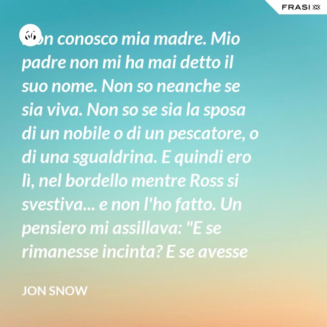 Non conosco mia madre. Mio padre non mi ha mai detto il suo nome. Non so neanche se sia viva. Non so se sia la sposa di un nobile o di un pescatore, o di una sgualdrina. E quindi ero lì, nel bordello mentre Ross si svestiva... e non l'ho fatto. Un pensiero mi assillava: "E se rimanesse incinta? E se avesse un figlio? Un altro bastardo di nome Snow. Una vita dura per un bambino." - Jon Snow