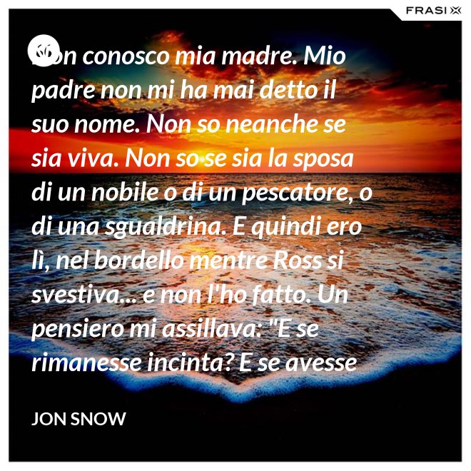 Non conosco mia madre. Mio padre non mi ha mai detto il suo nome. Non so neanche se sia viva. Non so se sia la sposa di un nobile o di un pescatore, o di una sgualdrina. E quindi ero lì, nel bordello mentre Ross si svestiva... e non l'ho fatto. Un pensiero mi assillava: "E se rimanesse incinta? E se avesse un figlio? Un altro bastardo di nome Snow. Una vita dura per un bambino." - Jon Snow