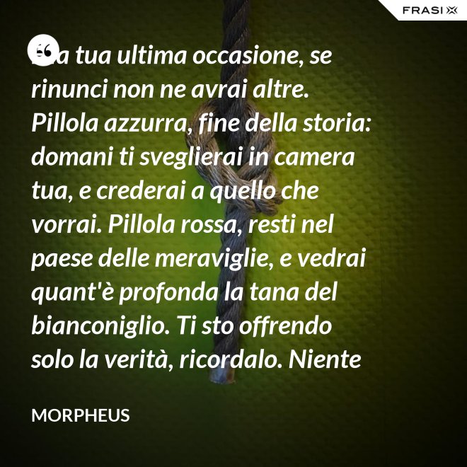 È la tua ultima occasione, se rinunci non ne avrai altre. Pillola azzurra, fine della storia: domani ti sveglierai in camera tua, e crederai a quello che vorrai. Pillola rossa, resti nel paese delle meraviglie, e vedrai quant'è profonda la tana del bianconiglio. Ti sto offrendo solo la verità, ricordalo. Niente di più. - Morpheus
