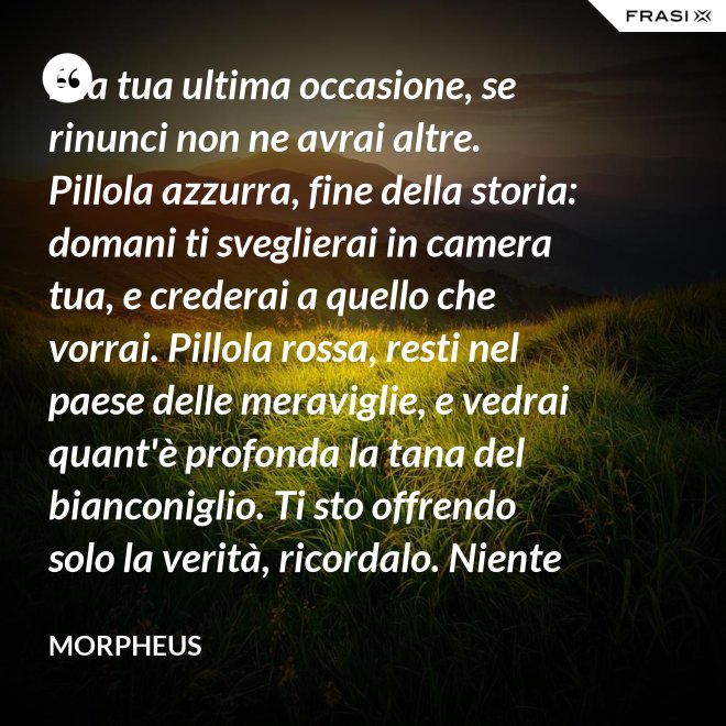 È la tua ultima occasione, se rinunci non ne avrai altre. Pillola azzurra, fine della storia: domani ti sveglierai in camera tua, e crederai a quello che vorrai. Pillola rossa, resti nel paese delle meraviglie, e vedrai quant'è profonda la tana del bianconiglio. Ti sto offrendo solo la verità, ricordalo. Niente di più. - Morpheus