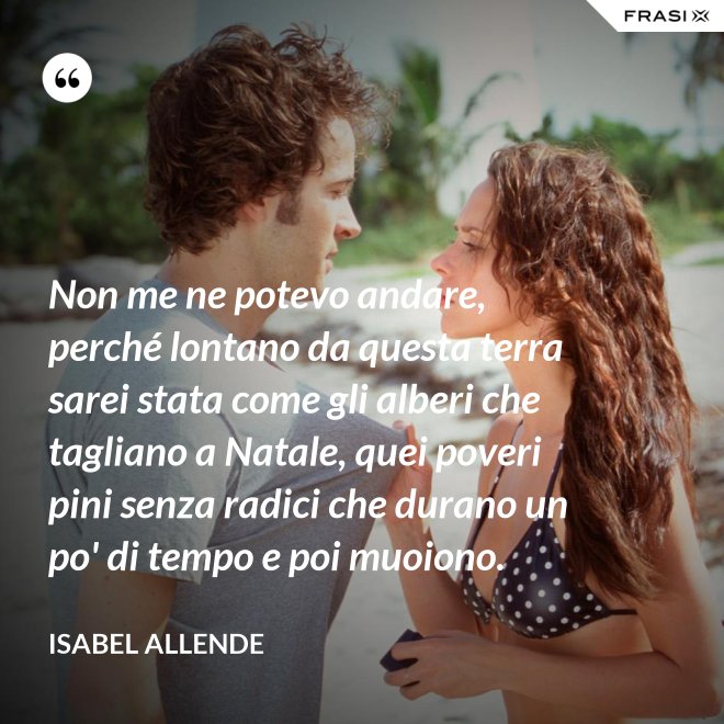 Non me ne potevo andare, perché lontano da questa terra sarei stata come gli alberi che tagliano a Natale, quei poveri pini senza radici che durano un po' di tempo e poi muoiono. - Isabel Allende