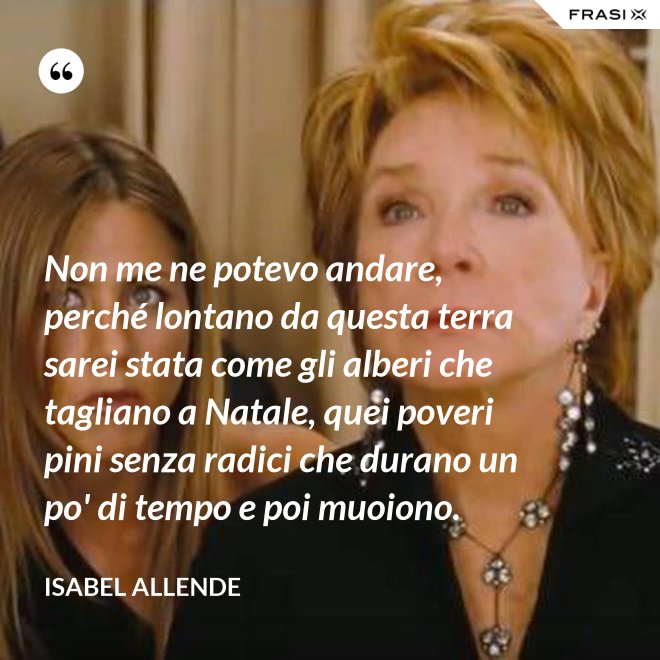 Non me ne potevo andare, perché lontano da questa terra sarei stata come gli alberi che tagliano a Natale, quei poveri pini senza radici che durano un po' di tempo e poi muoiono. - Isabel Allende