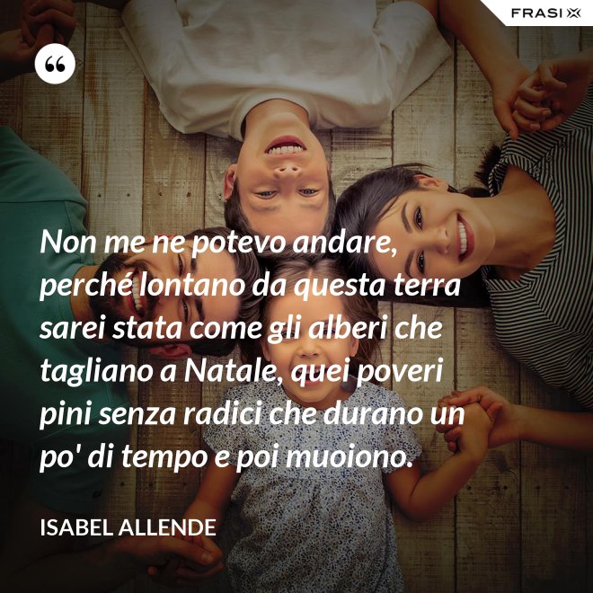 Non me ne potevo andare, perché lontano da questa terra sarei stata come gli alberi che tagliano a Natale, quei poveri pini senza radici che durano un po' di tempo e poi muoiono. - Isabel Allende