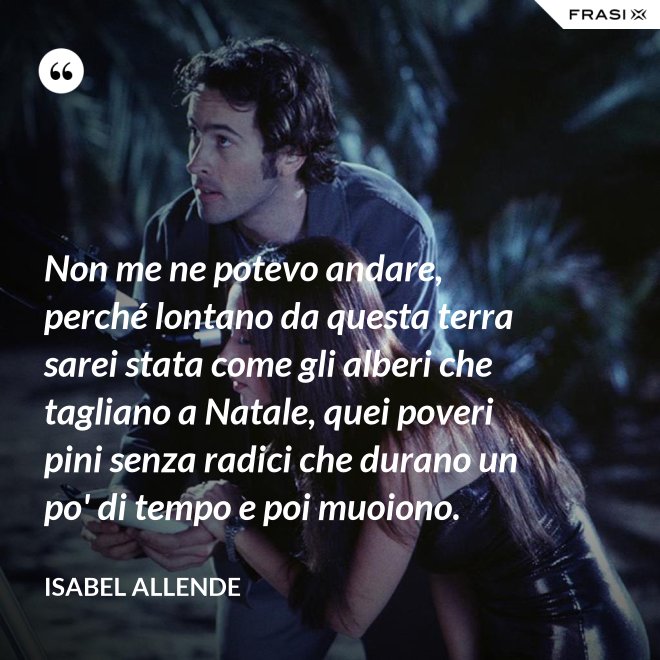 Non me ne potevo andare, perché lontano da questa terra sarei stata come gli alberi che tagliano a Natale, quei poveri pini senza radici che durano un po' di tempo e poi muoiono. - Isabel Allende