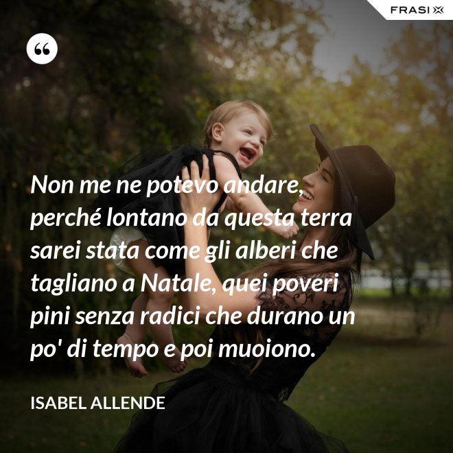 Non me ne potevo andare, perché lontano da questa terra sarei stata come gli alberi che tagliano a Natale, quei poveri pini senza radici che durano un po' di tempo e poi muoiono. - Isabel Allende