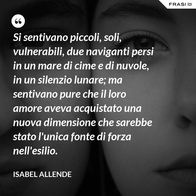 Si sentivano piccoli, soli, vulnerabili, due naviganti persi in un mare di cime e di nuvole, in un silenzio lunare; ma sentivano pure che il loro amore aveva acquistato una nuova dimensione che sarebbe stato l'unica fonte di forza nell'esilio. - Isabel Allende