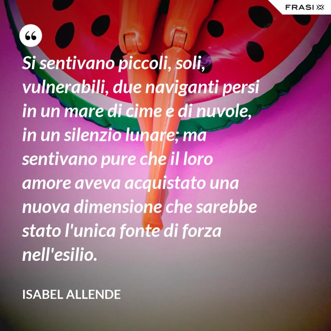 Si sentivano piccoli, soli, vulnerabili, due naviganti persi in un mare di cime e di nuvole, in un silenzio lunare; ma sentivano pure che il loro amore aveva acquistato una nuova dimensione che sarebbe stato l'unica fonte di forza nell'esilio. - Isabel Allende