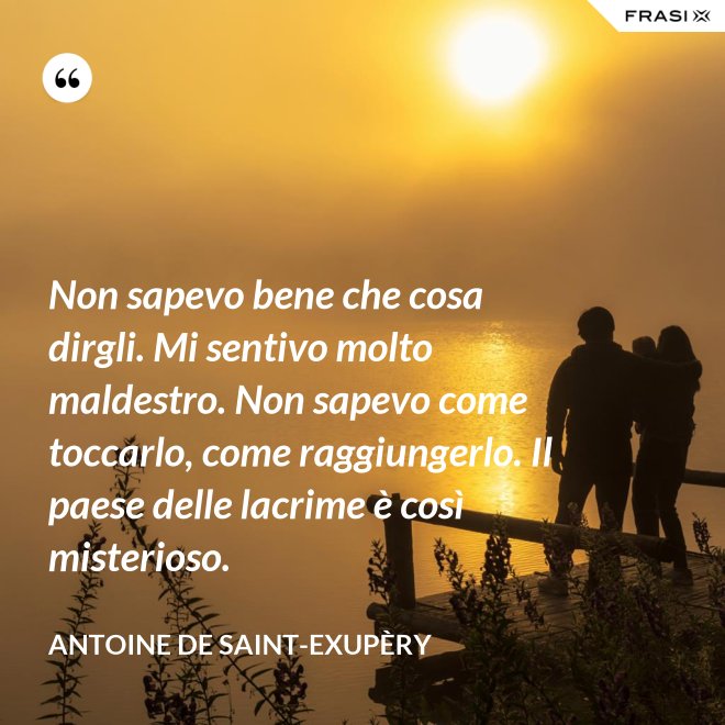 Non sapevo bene che cosa dirgli. Mi sentivo molto maldestro. Non sapevo come toccarlo, come raggiungerlo. Il paese delle lacrime è così misterioso. - Antoine de Saint-Exupèry
