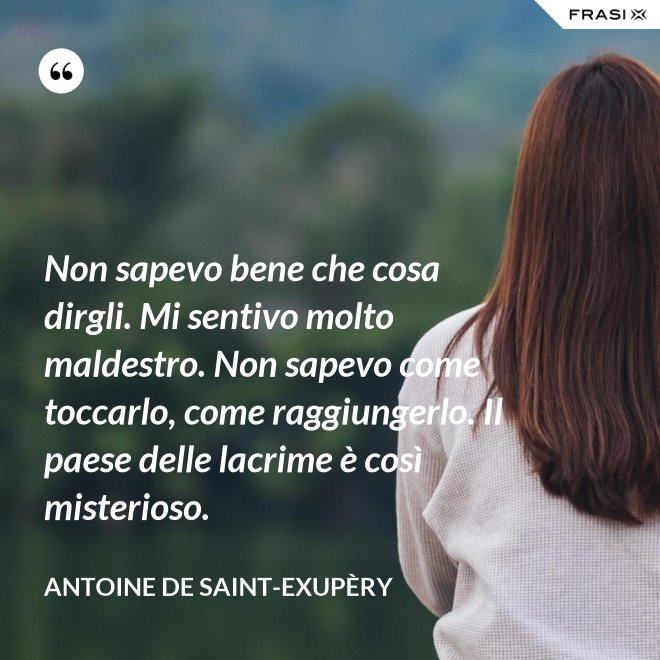 Non sapevo bene che cosa dirgli. Mi sentivo molto maldestro. Non sapevo come toccarlo, come raggiungerlo. Il paese delle lacrime è così misterioso. - Antoine de Saint-Exupèry