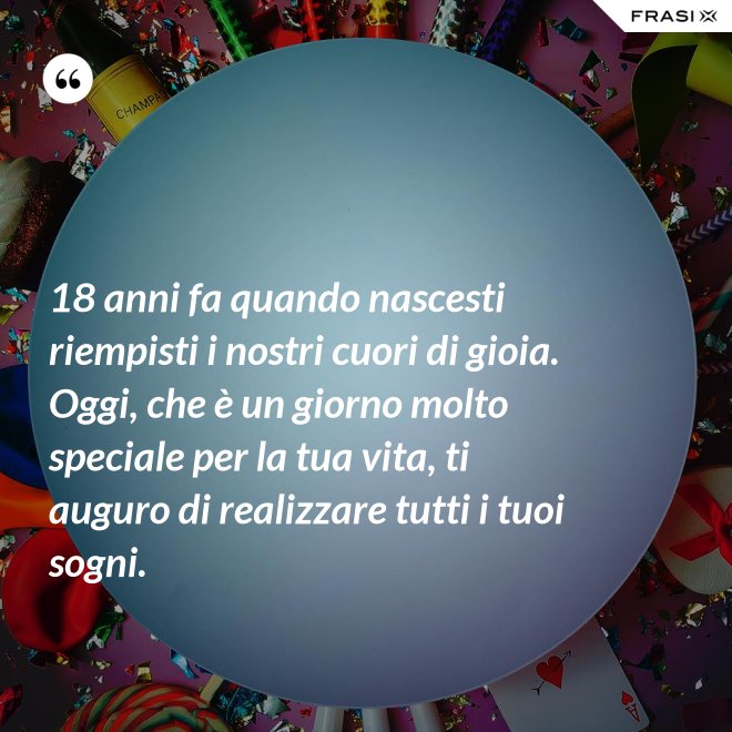 18 anni fa quando nascesti riempisti i nostri cuori di gioia. Oggi, che è un giorno molto speciale per la tua vita, ti auguro di realizzare tutti i tuoi sogni. - Anonimo