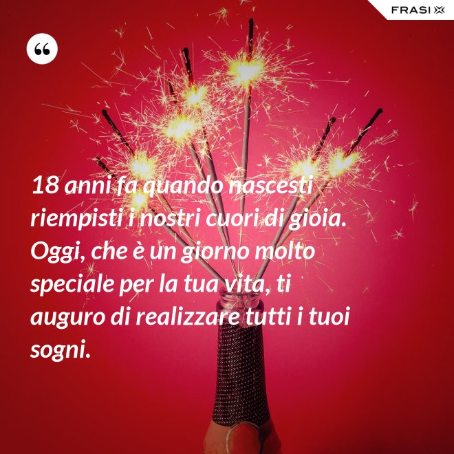 18 anni fa quando nascesti riempisti i nostri cuori di gioia. Oggi, che è un giorno molto speciale per la tua vita, ti auguro di realizzare tutti i tuoi sogni. - Anonimo
