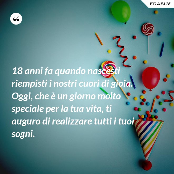 18 anni fa quando nascesti riempisti i nostri cuori di gioia. Oggi, che è un giorno molto speciale per la tua vita, ti auguro di realizzare tutti i tuoi sogni. - Anonimo