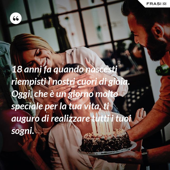 18 anni fa quando nascesti riempisti i nostri cuori di gioia. Oggi, che è un giorno molto speciale per la tua vita, ti auguro di realizzare tutti i tuoi sogni. - Anonimo