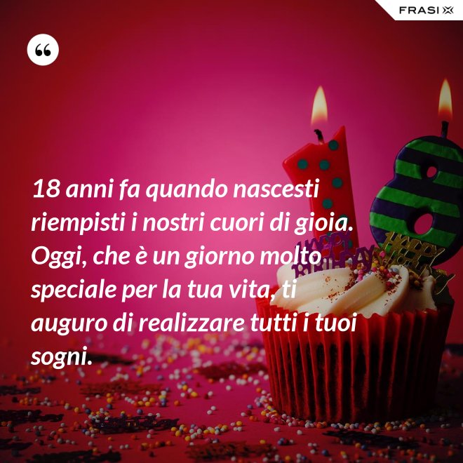 18 anni fa quando nascesti riempisti i nostri cuori di gioia. Oggi, che è un giorno molto speciale per la tua vita, ti auguro di realizzare tutti i tuoi sogni. - Anonimo
