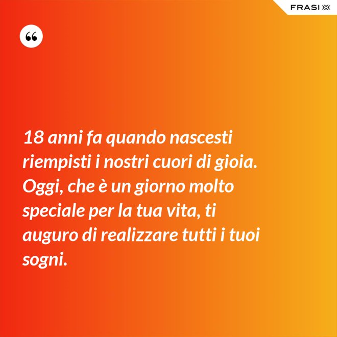 18 anni fa quando nascesti riempisti i nostri cuori di gioia. Oggi, che è un giorno molto speciale per la tua vita, ti auguro di realizzare tutti i tuoi sogni. - Anonimo