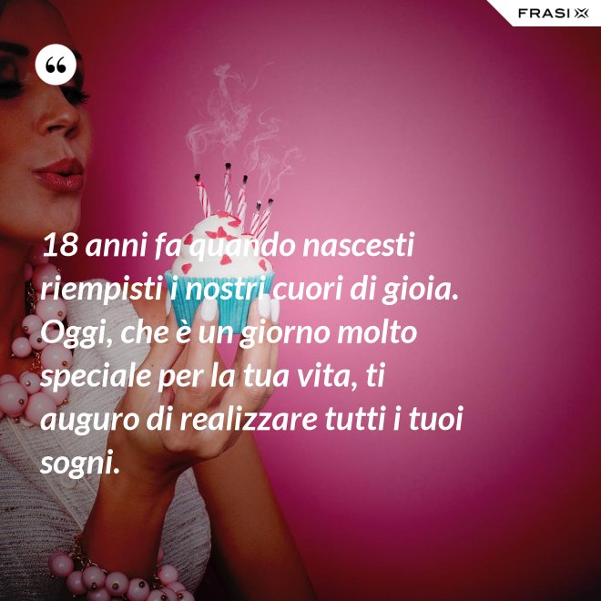 18 anni fa quando nascesti riempisti i nostri cuori di gioia. Oggi, che è un giorno molto speciale per la tua vita, ti auguro di realizzare tutti i tuoi sogni. - Anonimo