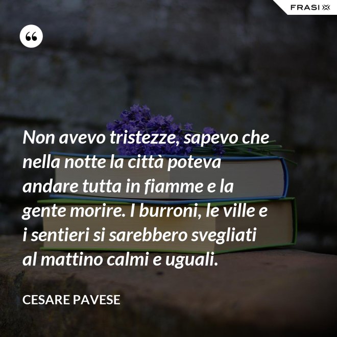 Non avevo tristezze, sapevo che nella notte la città poteva andare tutta in fiamme e la gente morire. I burroni, le ville e i sentieri si sarebbero svegliati al mattino calmi e uguali. - Cesare Pavese
