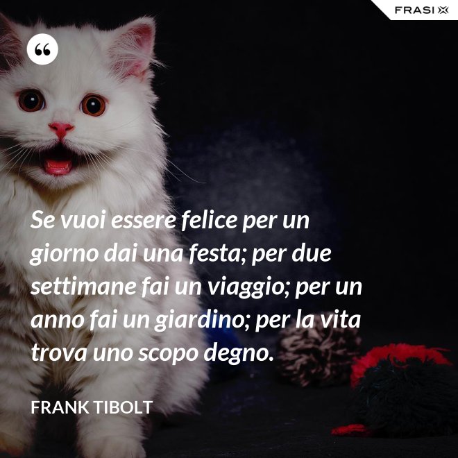Se vuoi essere felice per un giorno dai una festa; per due settimane fai un viaggio; per un anno fai un giardino; per la vita trova uno scopo degno. - Frank Tibolt