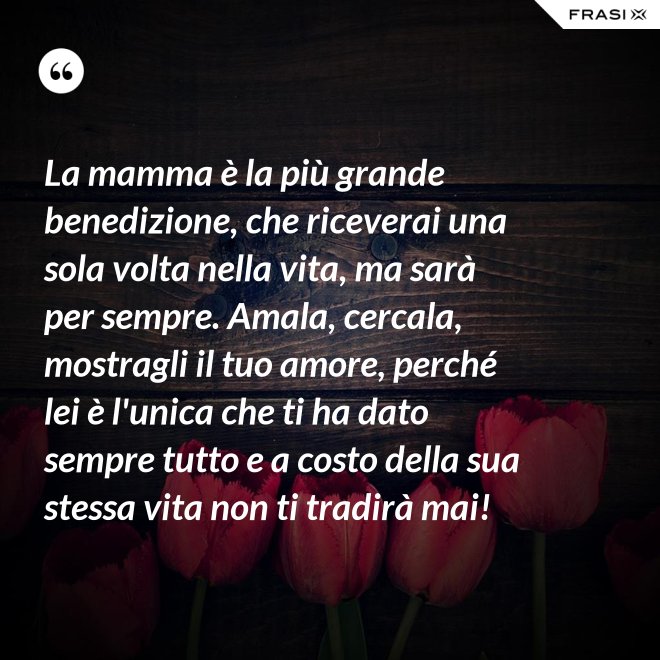 La mamma è la più grande benedizione, che riceverai una sola volta nella vita, ma sarà per sempre. Amala, cercala, mostragli il tuo amore, perché lei è l'unica che ti ha dato sempre tutto e a costo della sua stessa vita non ti tradirà mai! - Anonimo