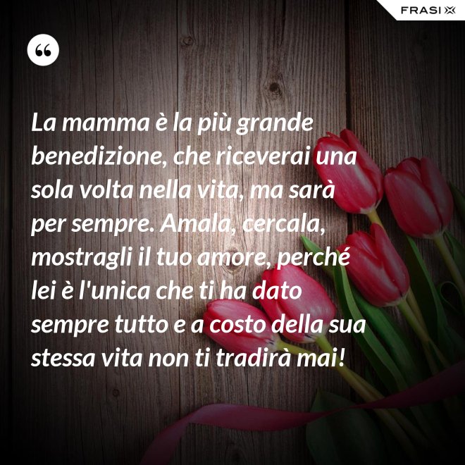 La mamma è la più grande benedizione, che riceverai una sola volta nella vita, ma sarà per sempre. Amala, cercala, mostragli il tuo amore, perché lei è l'unica che ti ha dato sempre tutto e a costo della sua stessa vita non ti tradirà mai! - Anonimo