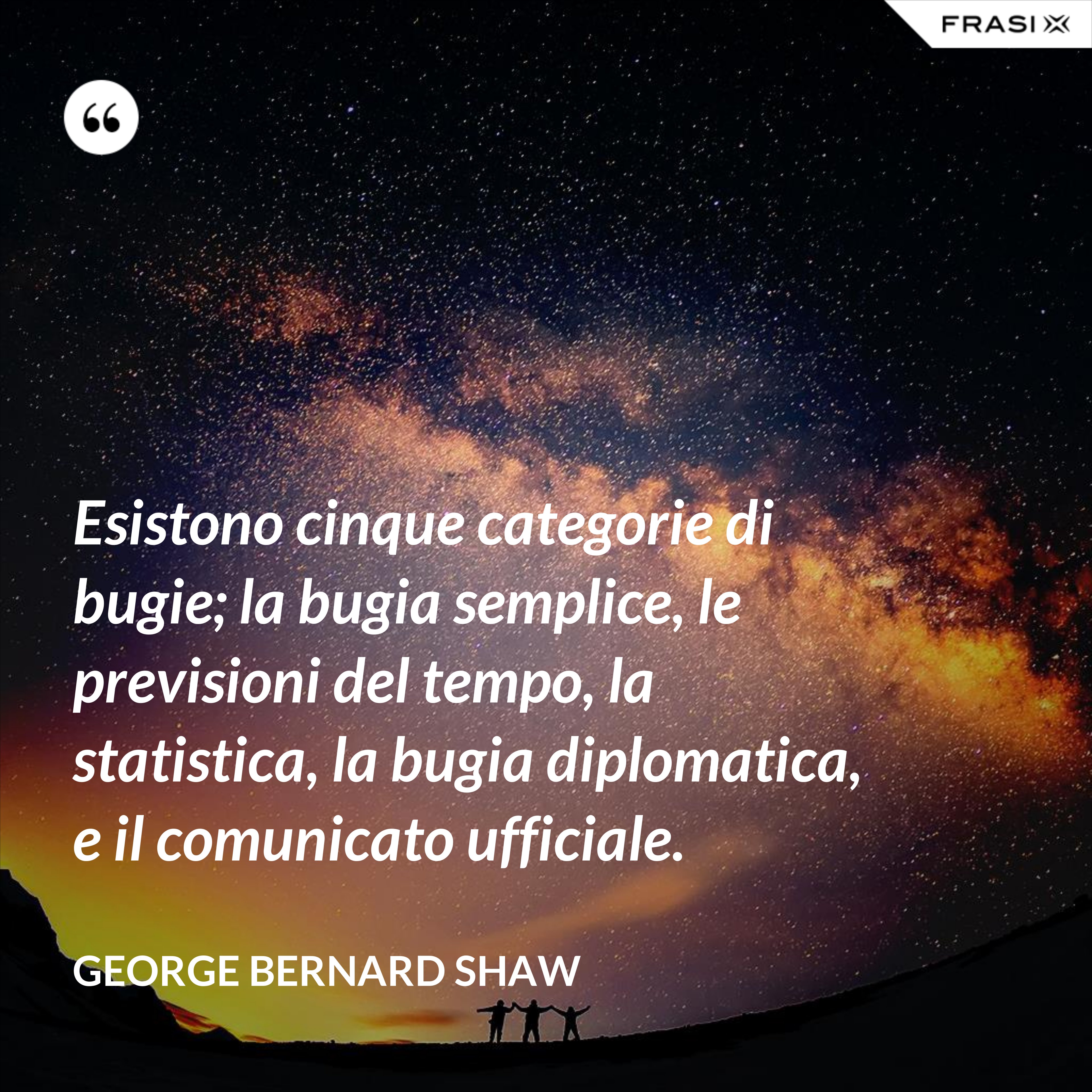 Esistono cinque categorie di bugie; la bugia semplice, le previsioni del tempo, la statistica, la bugia diplomatica, e il comunicato ufficiale. - George Bernard Shaw
