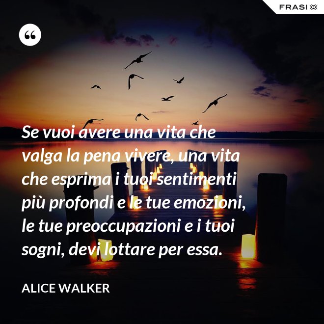 Se vuoi avere una vita che valga la pena vivere, una vita che esprima i tuoi sentimenti più profondi e le tue emozioni, le tue preoccupazioni e i tuoi sogni, devi lottare per essa. - Alice Walker