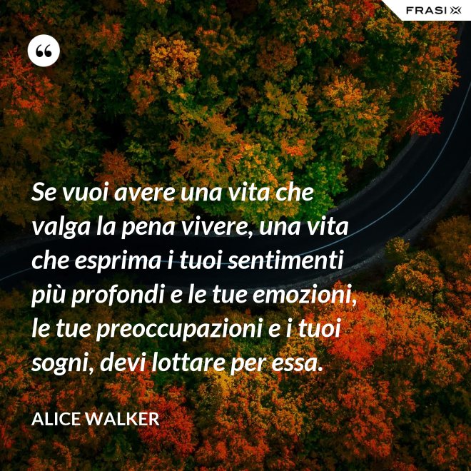 Se vuoi avere una vita che valga la pena vivere, una vita che esprima i tuoi sentimenti più profondi e le tue emozioni, le tue preoccupazioni e i tuoi sogni, devi lottare per essa. - Alice Walker